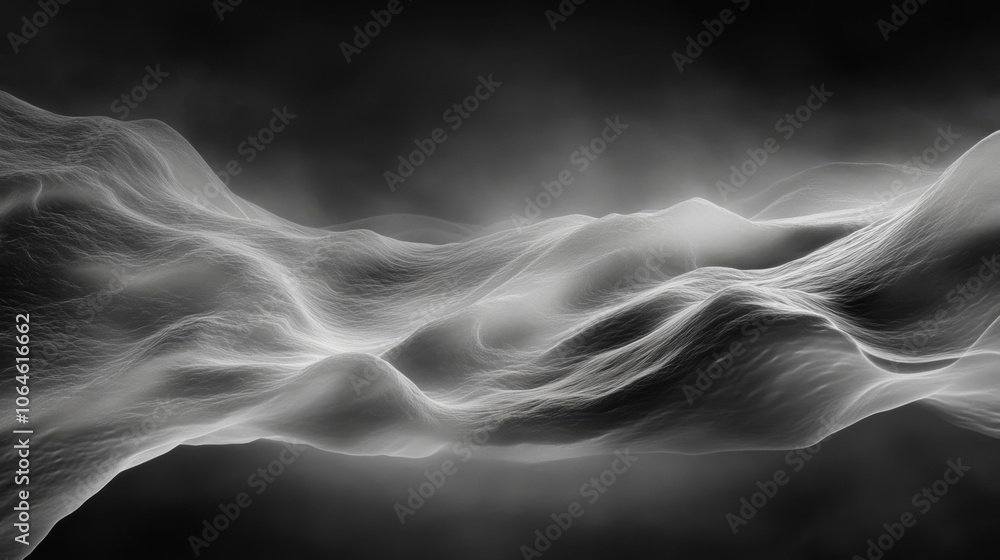Poster black and white abstract background, dynamic flowing wave patterns in monochrome