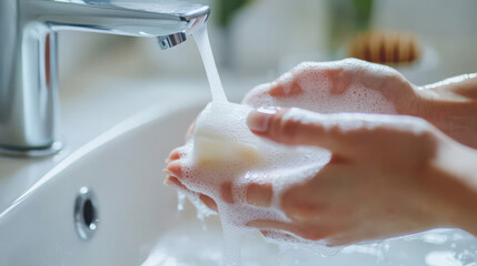 Fototapeta premium A person washing hands with soap under running water at a sink.