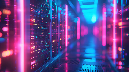 Futuristic neon-lit server farm with glowing blue and pink lights, representing advanced technology and data processing in a cyber environment