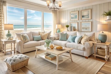 Fototapeta premium Coastal Living Room Interior with Tilt-Shift Photography in Light Pastel Palette - Stylish Mockup Frame Design