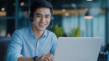 A young man in a headset smiles while using a laptop in a modern office environment.