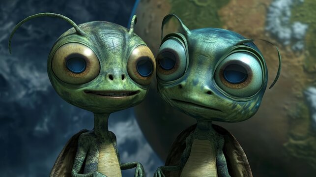 Intriguing encounter, two otherworldly beings stand together in a captivating display of extraterrestrial presence