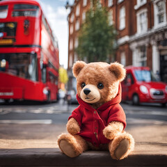 Teddy Bear wandering in London around the streets. Realistic. Surrealism. AI art. 