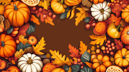 Autumn harvest display featuring a variety of pumpkins, leaves, and seasonal decorations