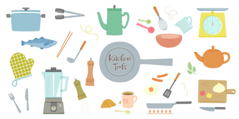 調理器具と食材のベクターイラスト。鍋やフライパン、ミキサーなどのキッチンツールのセット。料理の準備や手順、お茶や食事の時間。