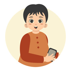 Cute Children Character Holding Smartphone. Gadget Addiction. Cartoon Vector Illustration.