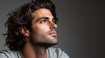 Fototapeta premium Man with thick, wavy hair gazing thoughtfully into the distance on a plain gray background