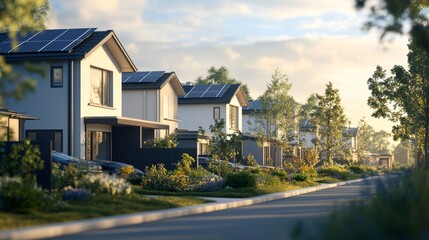 Obraz premium A row of modern townhouses with solar panels.