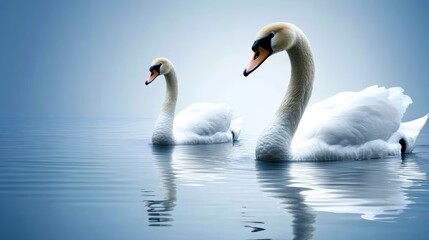 Obraz premium Two swans create gentle ripples as they swim peacefully across the serene water two