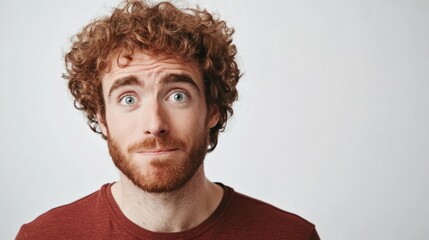 Fototapeta premium Man with voluminous, curly hair looking confident, isolated on a minimalist light background