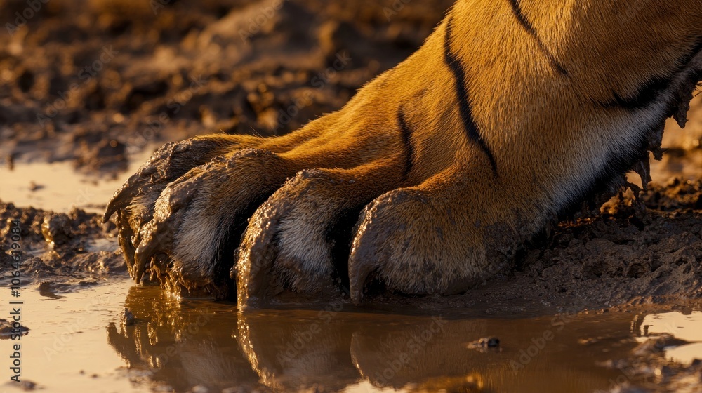 Poster close-up of a tiger's paw with sharp claws resting in mud with a puddle of water reflecting the sunl