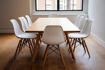 Top view of a wooden table and chairs in a modern office room.
