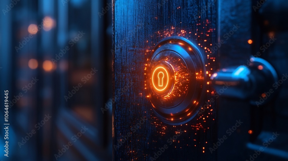 Aufkleber smart door lock visualized a glowing digital padlock connected to a secure home network representing