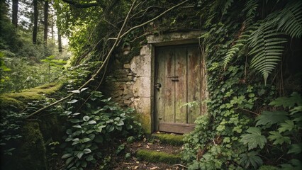 Overgrown foliage surrounding a weathered wooden door, weathered, foliage surround, earthy tones