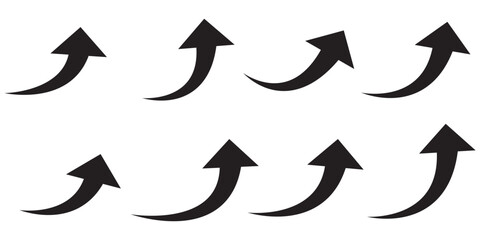 Arrow up icons. Set of curve rise increase arrows. Growth pictogram isolated. Vector illustration.