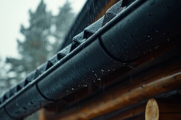Black downspout on the roof of a wooden house.