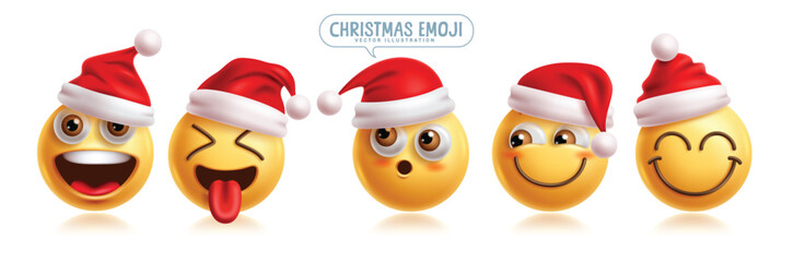 Emoji christmas emoticon characters vector set. Emoticons santa claus character in happy, funny, smiling, naughty, silly, amazed and playful facial expression wearing red hat 3d graphic elements 