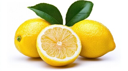 A photostock of a fresh lemon slice on a white background, vibrant and juicy.