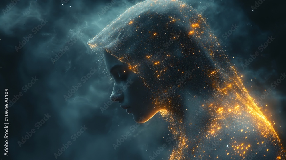 Poster silhouette of person wrapped in a digital privacy cloak of data streams symbolizing personal identit