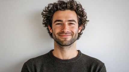 Fototapeta premium Portrait of a man with fluffy, curly hair and a relaxed smile on a simple neutral background