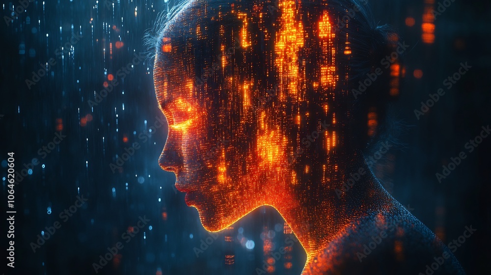 Poster silhouette of person wrapped in a digital privacy cloak of data streams symbolizing personal identit