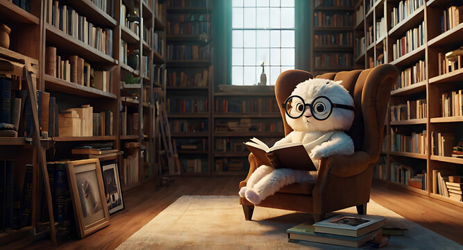 A wise moth wearing glasses and reading a book in a cozy library filled with shelves of books and a comfy chair.