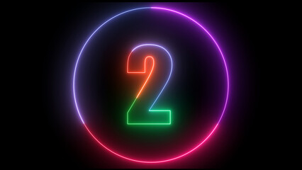 glowing Neon number 2  with neon circle illustrion on black background,  the best digital  Education concept. 