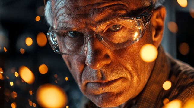An old worker in overalls and a helmet with glasses, working on an angle grinder and electric chainsaw at a large modern factory.