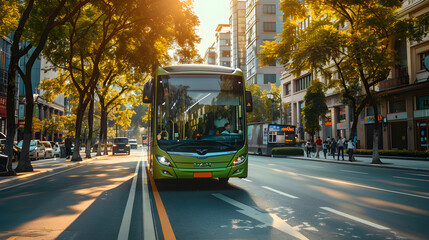 Fototapeta premium Green electric bus on a city street. Eco-friendly vision of urban transport for a sustainable and clean future