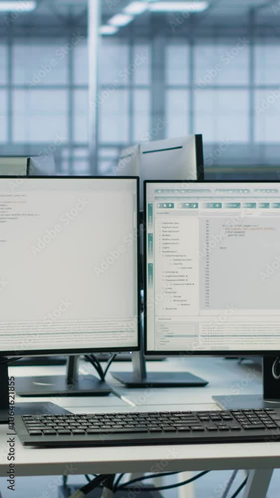 Poster computers in empty high tech data center establishment monitoring hardware energy consumption. pc mo
