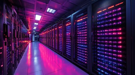 Fototapeta premium Server rack glowing digital security locks and encrypted data transfers symbolizing modern technologies in securing large data centers