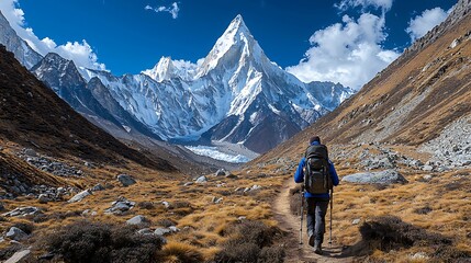 Fototapeta premium Majestic Mountain Peak Hike Adventurous Traveler with Backpack and Trekking Poles