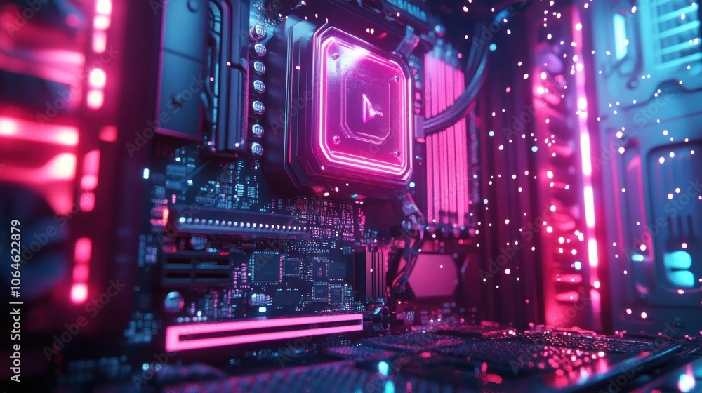 Poster close-up of a computer motherboard with a glowing play button on the cpu.