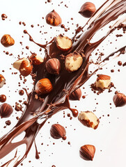 A dynamic splash of chocolate with hazelnuts, showcasing a rich, indulgent dessert theme.