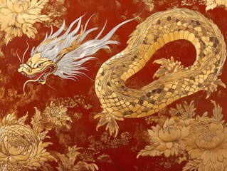 Obraz premium Golden Dragon on Red Background.