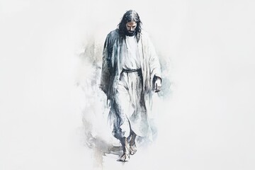 Obraz premium A watercolor painting of Jesus Christ walking.