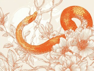 Obraz premium Orange Snake in a Floral Garden.
