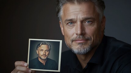 A close-up of a man’s thoughtful face as he looks at an old photograph in his hand, gentle smile, the photograph faded yet meaningful, soft lighting symbolizing growth and positivity drawn from 