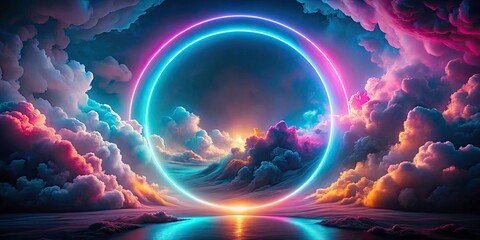 Ethereal Neon Circle Surrealism with Long Exposure Effects in Dreamy Cloudscape for Captivating Visuals and Atmospheric Photography