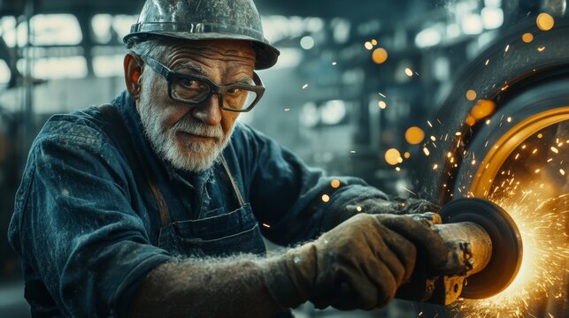 An old worker in overalls and a helmet with glasses, working on an angle grinder at a large modern factory.