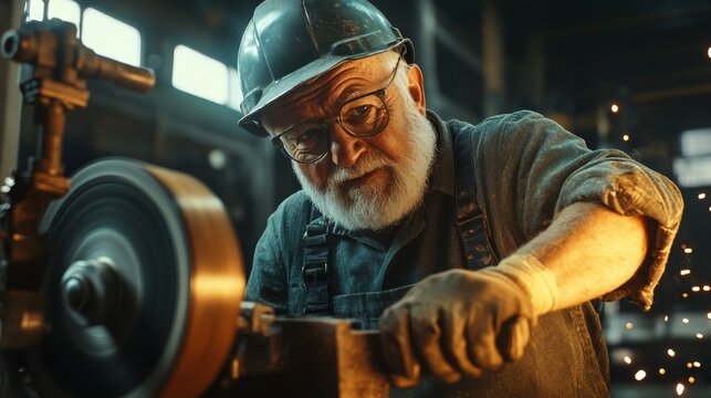 An old worker in overalls and a helmet with glasses, working on an angle grinder at a large modern factory.