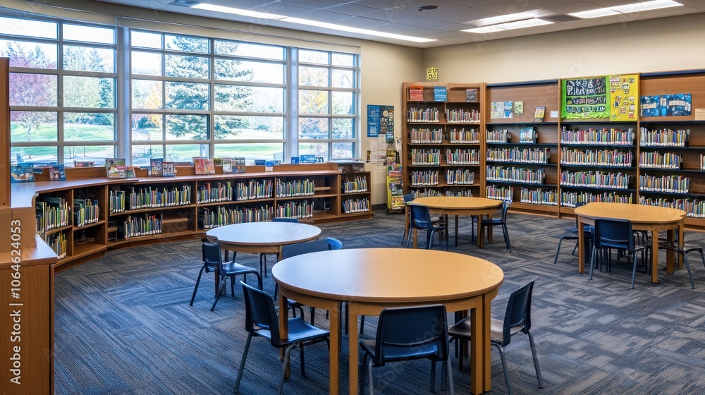 Poster a bright and airy library with large windows, bookshelves filled with books, and round tables with c