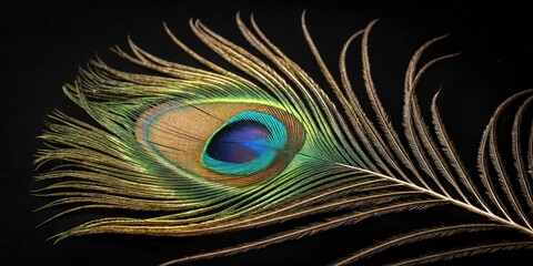 Obraz premium Exquisite Food Photography Featuring Detailed Shot of Peacock Feather and Intricate Patterns Against a Black Background, Perfect for Culinary Art and Elegant Presentation