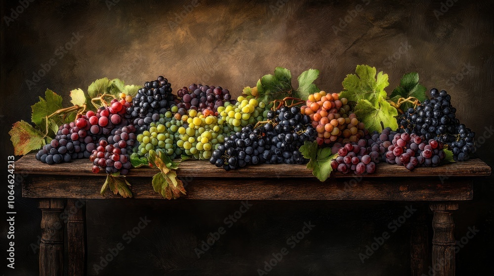 Poster a rustic wooden table displays a vibrant assortment of grape varieties, showcasing a rainbow of colo