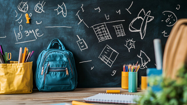 Close-Up of Blackboard With Handwritten Math Equations and School Supplies including the Colored Pencils, School Bag
