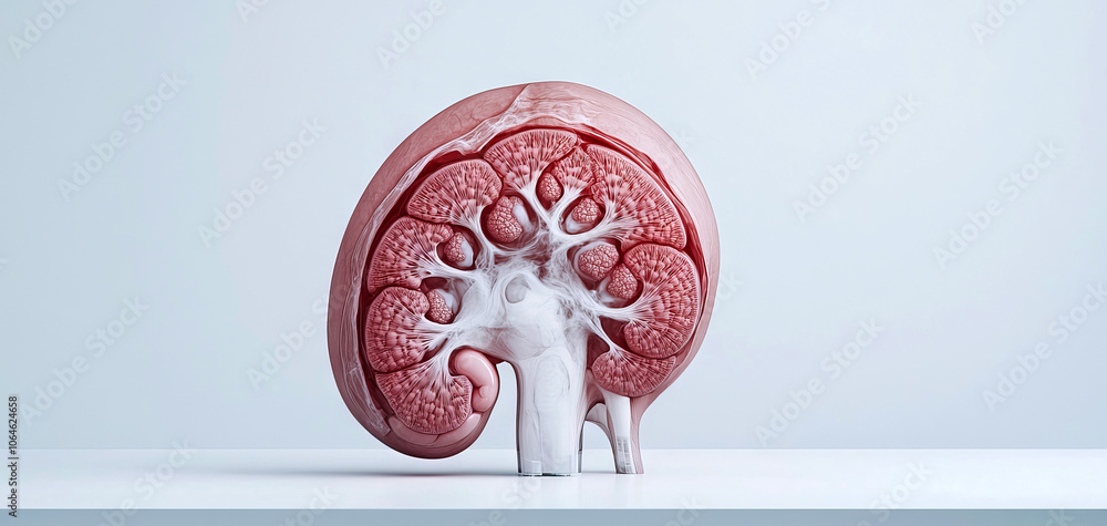 Poster a stylized representation of a kidney, showcasing intricate internal structures in red against a min