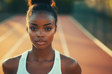 A focused athlete poses on a running track, showcasing determination and strength.