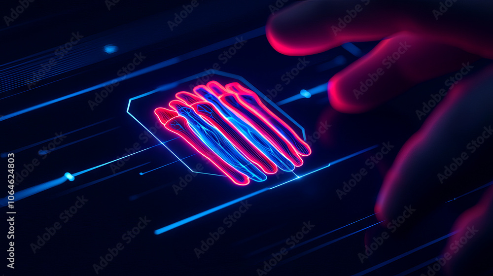 Poster a hand interacts with a glowing, digital fingerprint interface, showcasing advanced technology in bi