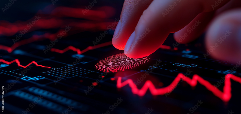 Poster a finger touches a digital data interface displaying red-line graphs, symbolizing financial analysis