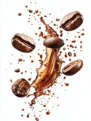 A dynamic splash of coffee with floating coffee beans, highlighting the essence of coffee.